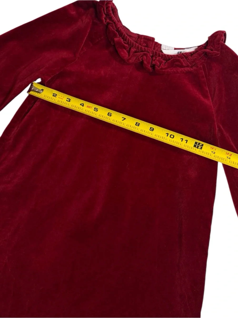 H & M Girls Red Velvet Long Sleeve A line Dress w/ruffle neckline size girls 6X